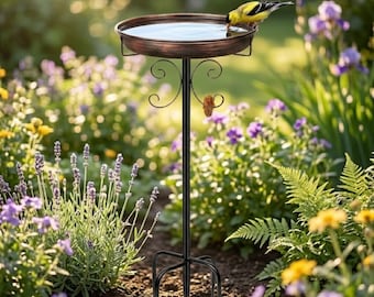 Comedero y bebedero para pájaros de exterior – Fabricado en hierro resistente con acabado en pátina negra y cobre – Estaca de 89 cm de altura para jardines o plazas