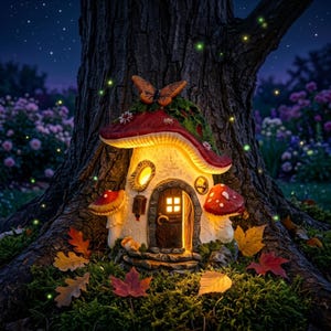 Puede incluir: Una casa decorativa con forma de seta que presenta un sombrero rojo con detalles de musgo verde, una puerta central arqueada con una luz amarilla brillante, dos setas laterales más pequeñas y una mariposa naranja sobre el sombrero.