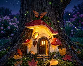 Rote Pilz-Haus-Gartenstatue - Solarbetriebenes Feenhaus mit LED-Licht für Balkone und Terrassen Cottagecore Outdoor-Akzent