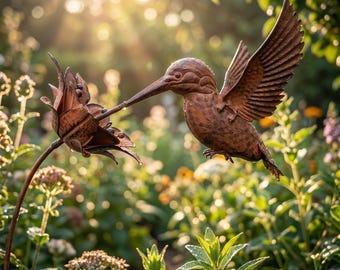 Large Hummingbird Garden Stake – Tall Metal Bird Yard Art – Outdoor Lawn and Flower Bed Decor
