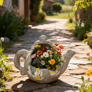 May include: A gray stone teapot-shaped planter featuring a textured surface with small yellow and white mosaic accents. The planter is filled with a vibrant arrangement of small red, orange, yellow, white, and purple flowers.