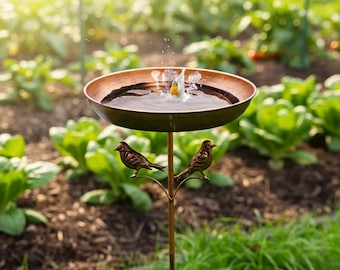 Comedero rústico de hierro para pájaros – Baño de bronce para pájaros de jardín – Elemento decorativo de metal de pie – Decoración de jardín estilo granja para exteriores