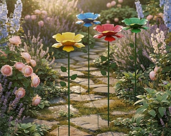 Juego de comederos metálicos coloridos para pájaros con forma de flor – Bebederos para abejas de jardín con estacas para exteriores.