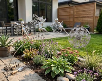 Silver Metal Fairy Garden Decoration – Whimsical Dandelion and Dancing Fairies Sculpture for Outdoor Lawn Ornament.