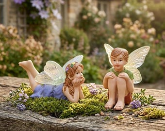 Juego de figuritas de hadas de resina resistentes a la intemperie: miniaturas de niño y niña pintadas a mano para jardines exteriores y macetas de terrario.