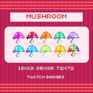 Conjunto de emblemas de sub/bit do Pixel Mushroom para transmissões do Twitch