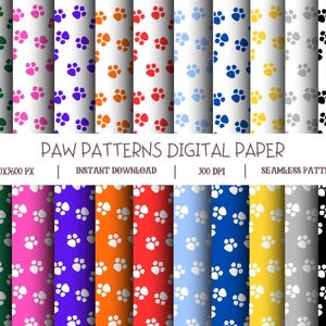 Paw Print Digital Paper, Canine Design, Animal Paw Pattern Background, Seamless 300 DPI, Rainbow Colors, Scrapbook Printable, Cat, Dog