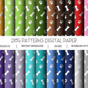 Dog Bone Digital Paper Pack, Paw Print Backgrounds, 24 Colors, Seamless Pattern, Instant Download, Scrapbooking, Pet Themed Art