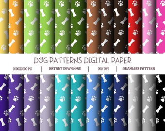 Pacchetto di carta digitale a forma di osso di cane, sfondi con impronte di zampe, 24 colori, motivo senza soluzione di continuità, download istantaneo, scrapbooking, arte a tema animali domestici