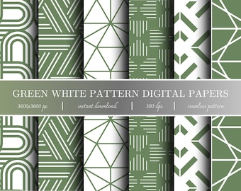 Green White Digital Paper Pack - Geometric Patterns - Instant Downloadable - For Scrapbook and Craft - Seamless Modern Background Design