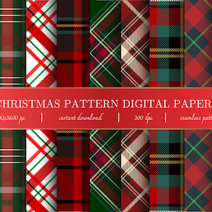Puede incluir: Una colección de papeles digitales con temática navideña con varios patrones de cuadros en rojo, verde, blanco y negro. Los papeles están etiquetados como "Christmas Pattern Digital Papers" con detalles sobre la resolución y el diseño sin costuras.
