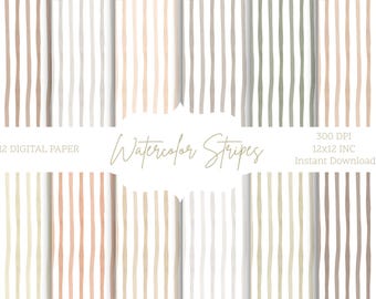 May include: Digital paper set featuring watercolor stripes in various neutral colors, including beige, gray, and white. The image includes the text "12 Digital Paper" and "Watercolor Stripes". Additional text indicates 300 DPI and 12x12 inch size.