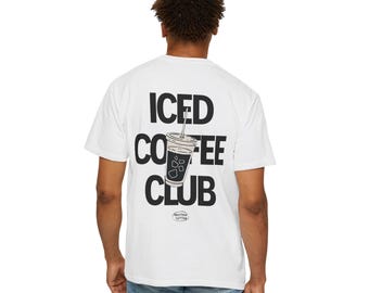 Koszulka z napisem „Iced Coffee Club”, koszulka dla miłośników kawy, minimalistyczna koszulka z grafiką kawy, koszulka unisex w stylu kawiarnianym, prezent dla uzależnionych od kawy