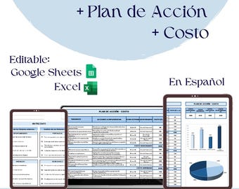 Op de afbeelding: Afbeelding van een zakelijke sjabloon in het Spaans, getiteld "Plantilla DAFO Editable + Plan de Acción + Costo." De sjabloon is bewerkbaar in Google Sheets en Excel, met voorbeelden weergegeven op een tablet, laptop en een andere tablet.