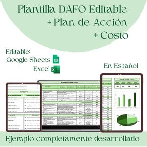 以下が含まれることがあります： 「Plantilla DAFO Editable + Plan de Acción + Costo」というタイトルのスペイン語のビジネステンプレートの画像。テンプレートはGoogle SheetsとExcelで編集可能で、タブレット、ラップトップ、携帯電話に例が表示されています。