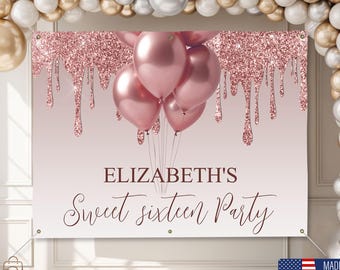 Personalized Sweet Sixteen Banner: Pink Birthday Party Backdrop