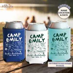 Personalized Camp Bachelorette Can Coolers, Custom Camping Bachelorette Party Favor, Camp Themed Bachelorette Can Holder Gift