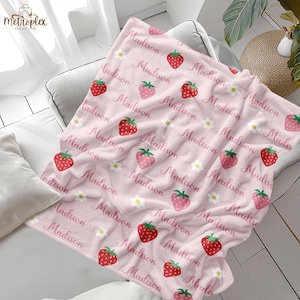 Personalized Strawberry Blanket, Pink Strawberry Name Blanket for Baby Girl, Cute Kids Nursery Decor, Christmas Gift for Daughter