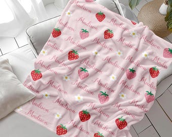 Personalized Strawberry Blanket, Pink Nursery Decor, Baby Girl Gift