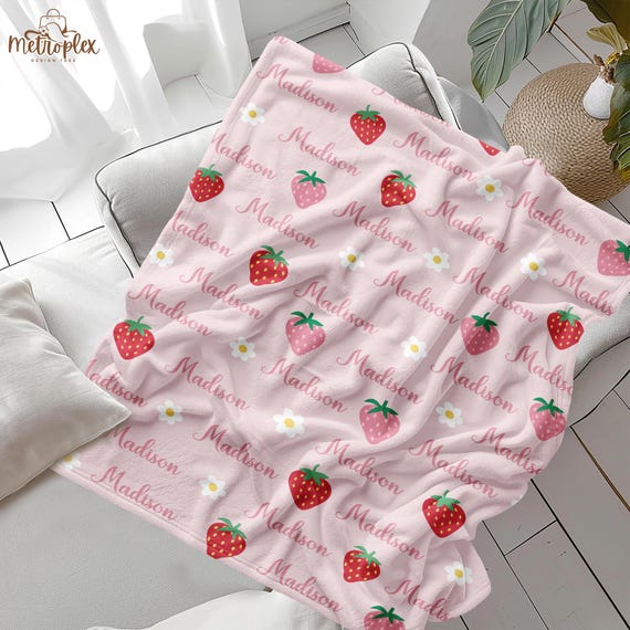 Personalized Strawberry Blanket, Pink Nursery Decor, Baby Girl Gift