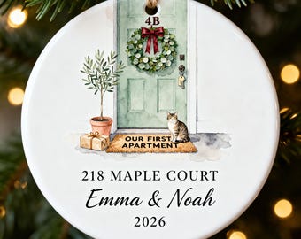 First Apartment Ornament 2026, Personalized Cat or Dog Address Keepsake, Watercolor Door Ceramic Christmas Ornament, New Apartment Gift