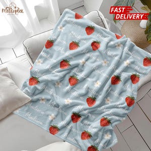 Personalized Strawberry Blanket, Pink Strawberry Name Blanket for Baby Girl, Cute Kids Nursery Decor, Birthday Gift for Daughter