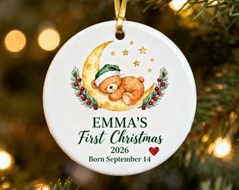 Personalized Baby's First Christmas Ornament 2026, Sleeping Teddy Bear on Gold Moon, Ceramic Keepsake with Name and Birth Date