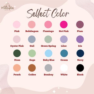 Może przedstawiać: Paleta kolor&oacute;w z 20 r&oacute;żnymi wzornikami. Kolory są oznaczone nazwami takimi jak R&oacute;żowy, Bubblegum, Flamingo, R&oacute;żowy intensywny, Śliwka, R&oacute;żowy perłowy, Mewa, Zielony wiosenny, Lila, Irys, Mech, Szałwia, Niebieski, Ocean, Granatowy, Brzoskwinia, Kawa, Bombay, Biały i Czarny.