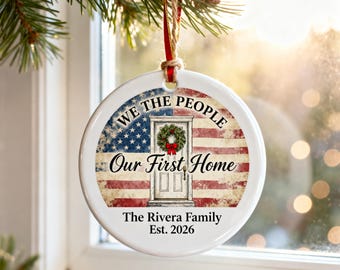 Our First Home Ornament 2026, We The People Weathered Flag Ceramic Christmas Ornament with Family Name