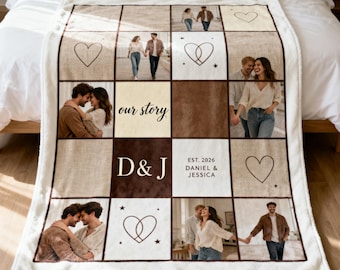 Personalized Couple Photo Collage Blanket, Custom Fleece Throw with Names, Initials & Est Date, Anniversary Gift for Husband or Wife