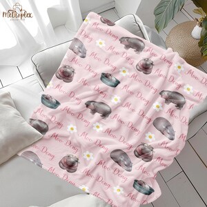 Personalized Moo Deng Blanket, Pink Moo Deng Blanket for Baby Girl, Cute Baby Hippo Kids Nursery Decor, Christmas Gift for Daughter