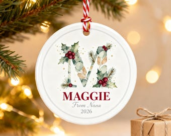 Personalized Initial Ornament, Watercolor Holly Letter Christmas Ornament 2026, Name Ceramic Keepsake, Gift From Grandma or Aunt