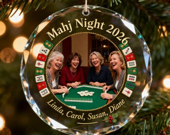 Mahjong Friends Photo Christmas Ornament, Custom Photo Glass Ornament 2026, Mahjong Group Gift for Mahj Club