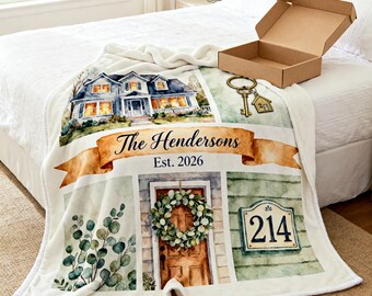 First Home Blanket, Est. 2026 House Illustration Throw with Last Name and Address Number, New Homeowner Gift