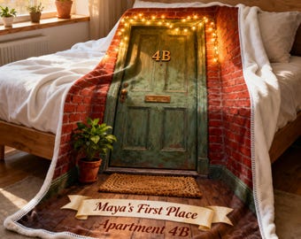 First Apartment Blanket, Personalized Door Scene Fleece Throw with Name and Apartment Number, Housewarming Gift
