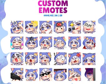 May include: A collection of custom emotes featuring a cartoon character with white hair and a blue hooded outfit. Each emote displays a different expression or action. The text "CUSTOM EMOTES" is displayed in pink, along with numbers.