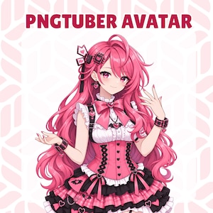 May include: A PNGTuber avatar character with long pink hair, wearing a pink and black corset-style dress with heart accents, ruffles, and a large bow. The character features pink eyes, black wrist cuffs, and hair accessories, presented against a light pink patterned background.