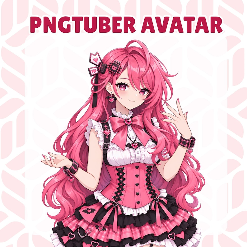 May include: A PNGTuber avatar character with long pink hair, wearing a pink and black corset-style dress with heart accents, ruffles, and a large bow. The character features pink eyes, black wrist cuffs, and hair accessories, presented against a light pink patterned background.