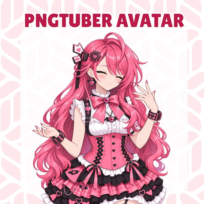 May include: A PNGtuber avatar featuring a character with long pink hair, wearing a pink and black corset-style dress with heart accents, ruffles, and bat motifs. The character has a smiling expression and is adorned with matching accessories.