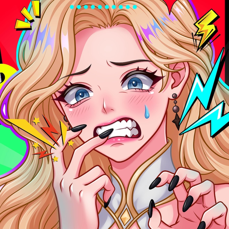 K&ouml;nnte beinhalten: Eine digitale Illustration einer blonden Figur mit blauen Augen, schwarzem Nagellack und dunklen Ohrringen. Die Figur hat einen besorgten Ausdruck, bei&szlig;t auf einen Finger und hat einen einzelnen blauen Schwei&szlig;tropfen auf der Wange.