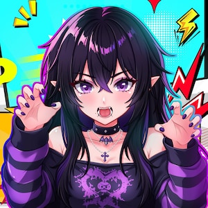 K&ouml;nnte beinhalten: Eine Anime-Figur mit langem schwarzem Haar mit violetten Str&auml;hnen, spitzen Ohren und sichtbaren Fangz&auml;hnen. Die Figur tr&auml;gt ein schwarz-violett gestreiftes Langarmshirt mit Herzmotiv, ein Halsband mit Nieten und mehrlagige silberne Halsketten.