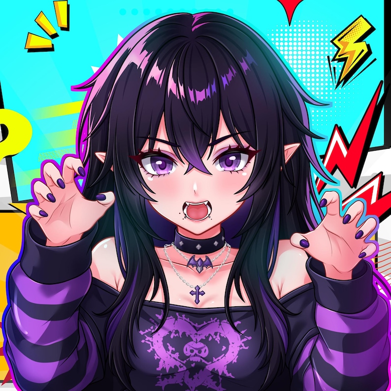 K&ouml;nnte beinhalten: Eine Anime-Figur mit langem schwarzem Haar mit violetten Str&auml;hnen, spitzen Ohren und sichtbaren Fangz&auml;hnen. Die Figur tr&auml;gt ein schwarz-violett gestreiftes Langarmshirt mit Herzmotiv, ein Halsband mit Nieten und mehrlagige silberne Halsketten.