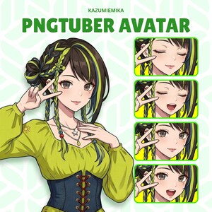 May include: A digital illustration of a PNGtuber avatar featuring a character with dark hair and lime green highlights, styled in a braided bun. The character wears a lime green long-sleeve top and a dark blue corset with red lacing details.