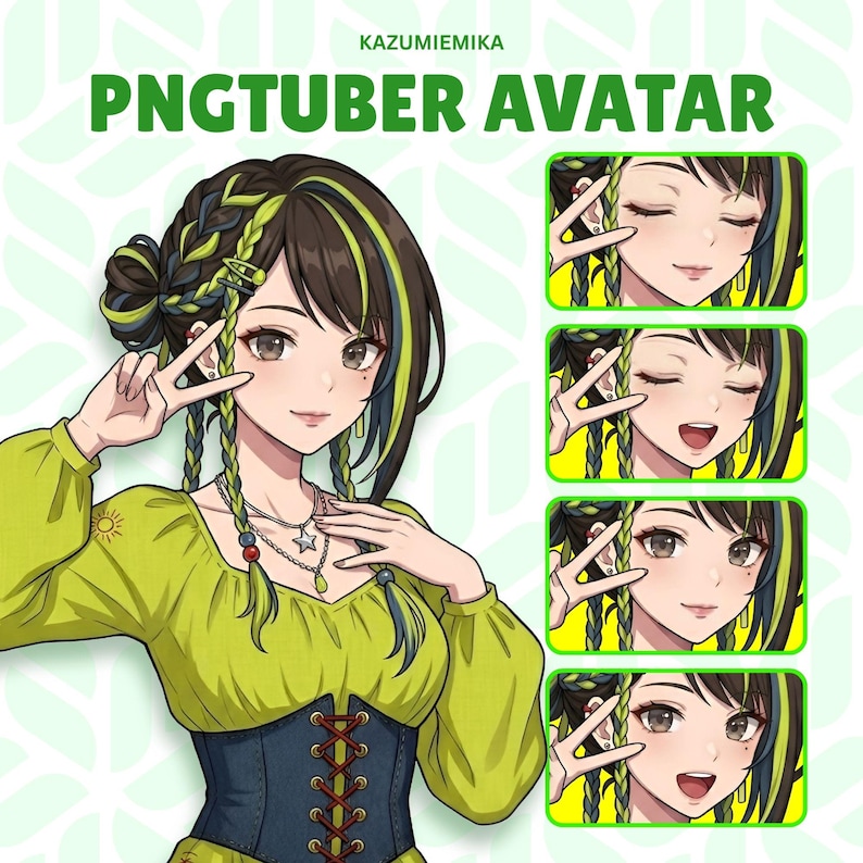 May include: A digital illustration of a PNGtuber avatar featuring a character with dark hair and lime green highlights, styled in a braided bun. The character wears a lime green long-sleeve top and a dark blue corset with red lacing details.