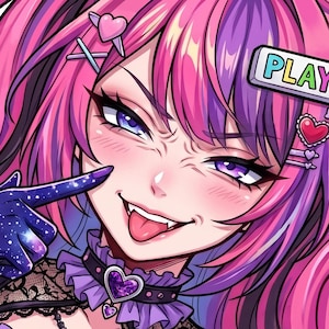 May include: An anime-style illustration of a character with vibrant pink and purple hair, purple eyes, and a playful expression with a tongue out. The character wears a black lace choker with a heart charm and a hair clip with the text PLAY.