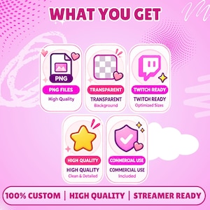 May include: A digital graphic titled WHAT YOU GET featuring five white rounded rectangular icons on a pink background. Icons include a PNG file symbol, a transparent grid, a Twitch logo, a yellow star, and a shield with a checkmark. Text includes PNG FILES, TRANSPARENT, TWITCH READY, HIGH QUALITY, COMMERCIAL USE, and 100% CUSTOM, HIGH QUALITY, STREAMER READY.