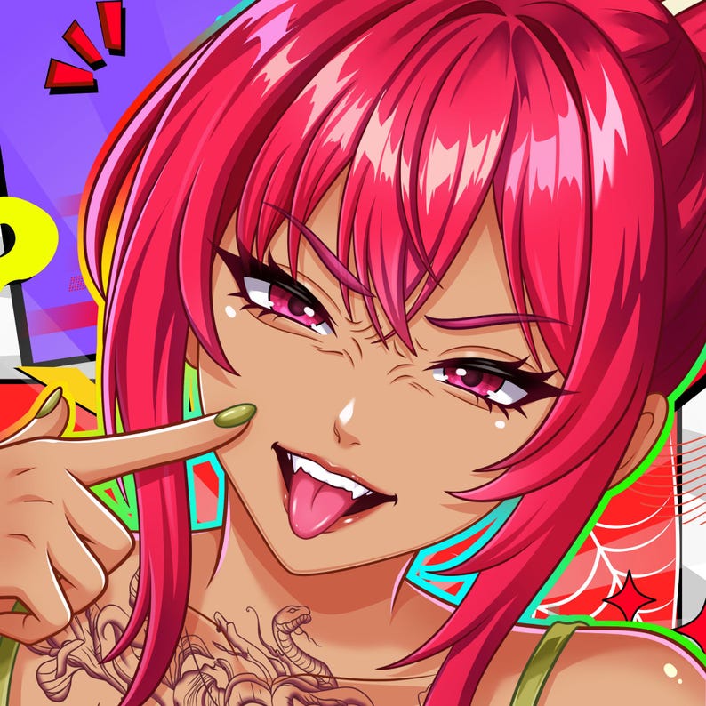 K&ouml;nnte beinhalten: Eine digitale Illustration einer Figur mit leuchtend pinkem Haar, spitzen Fangz&auml;hnen und pinken Augen. Die Figur hat ein Schlangentattoo auf der Brust, olivgr&uuml;ne Fingern&auml;gel und zeigt mit einem verspielten Ausdruck vor Comic-Hintergrund auf die Wange.