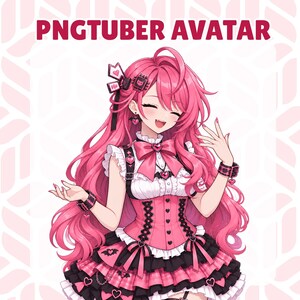 May include: A PNGTuber avatar featuring a character with long pink hair, wearing a pink and black corset-style dress with heart accents, ruffles, and a large bow. The character has a smiling expression with visible fangs and bat-themed accessories.