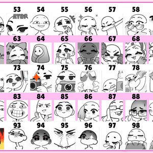 May include: A grid of fifty black and white line art character head sketches, numbered 51 through 100. Each square displays a unique facial expression, pose, or activity, including characters with glasses, cameras, drinks, and various emotional states.
