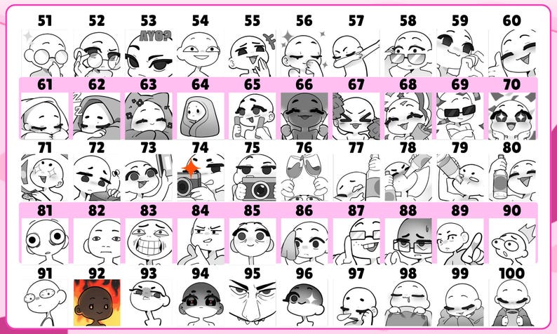 May include: A grid of fifty black and white line art character head sketches, numbered 51 through 100. Each square displays a unique facial expression, pose, or activity, including characters with glasses, cameras, drinks, and various emotional states.